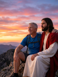 Man watching sunset with Jesus 